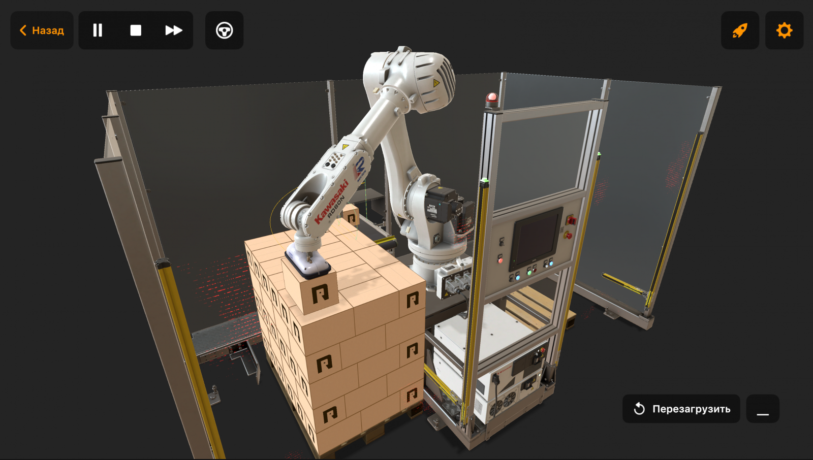 Трёхмерная модель PalletWizard Smart с ограждением и подачей коробок